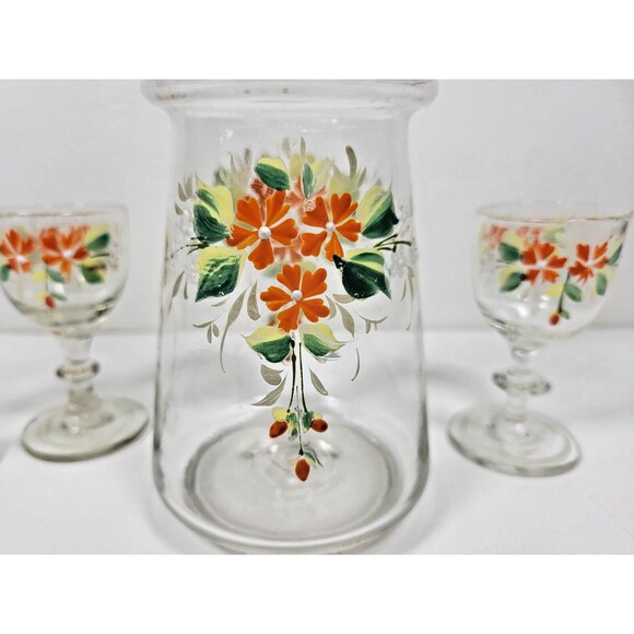 Glass Decanter with 3 Cordial Glasses Hand Painted Vtg Floral Holiday Barware - Picture 7 of 8